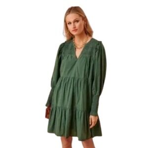 Pomander Place Jaguar Green Ceci Tiered Smocked Dress Long Sleeve Sz XS